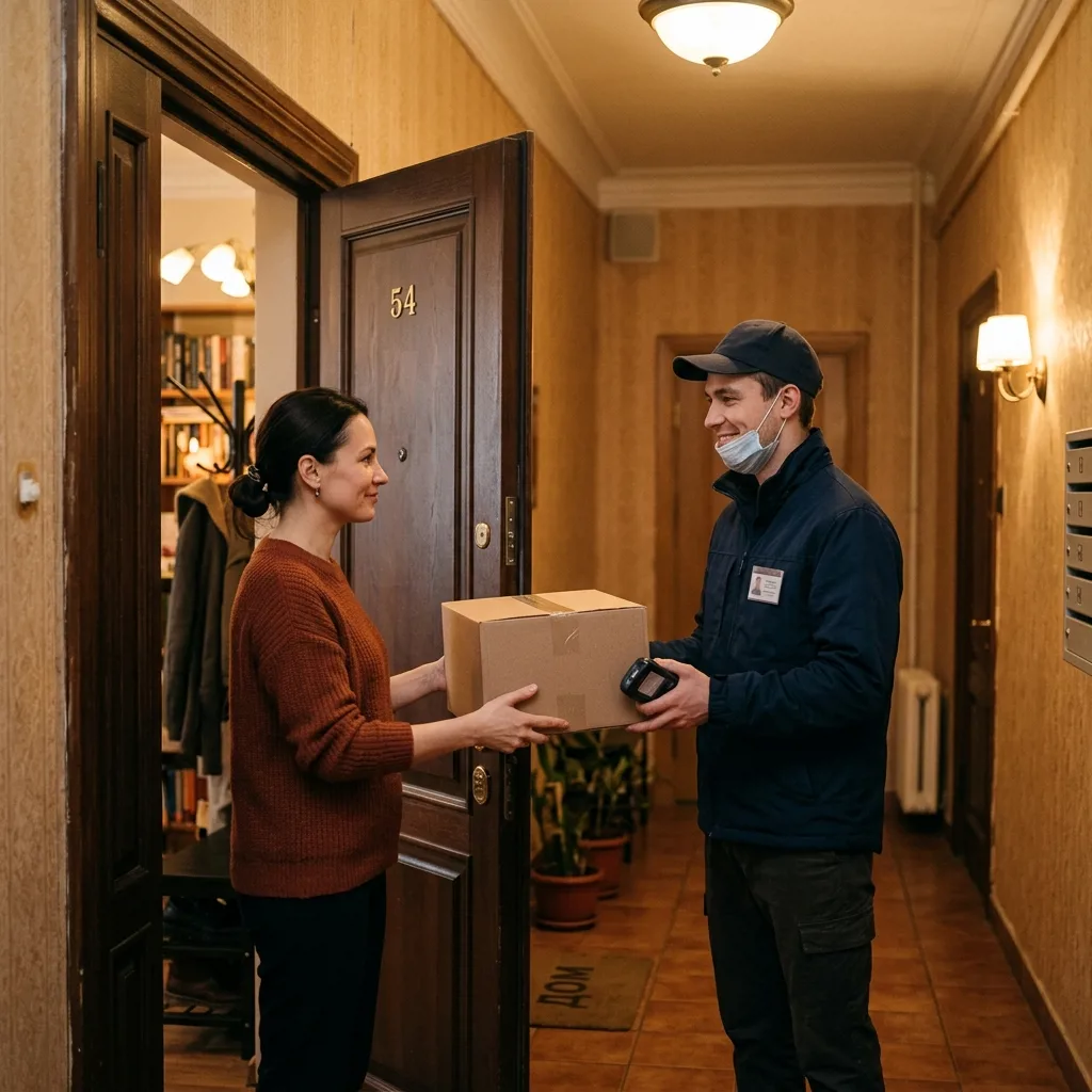 Курьер вручает пакет с заказом клиенту у двери квартиры