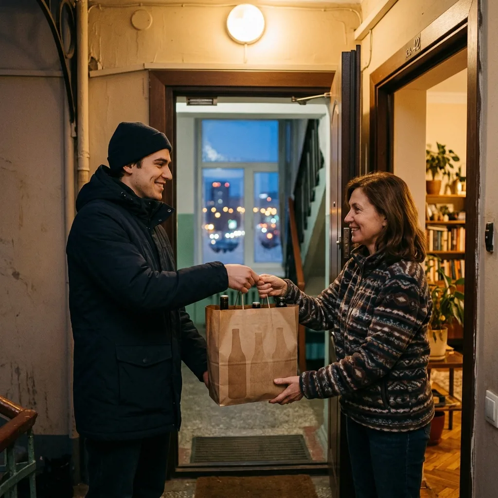 Курьер вручает заказ алкоголя клиенту в Москве