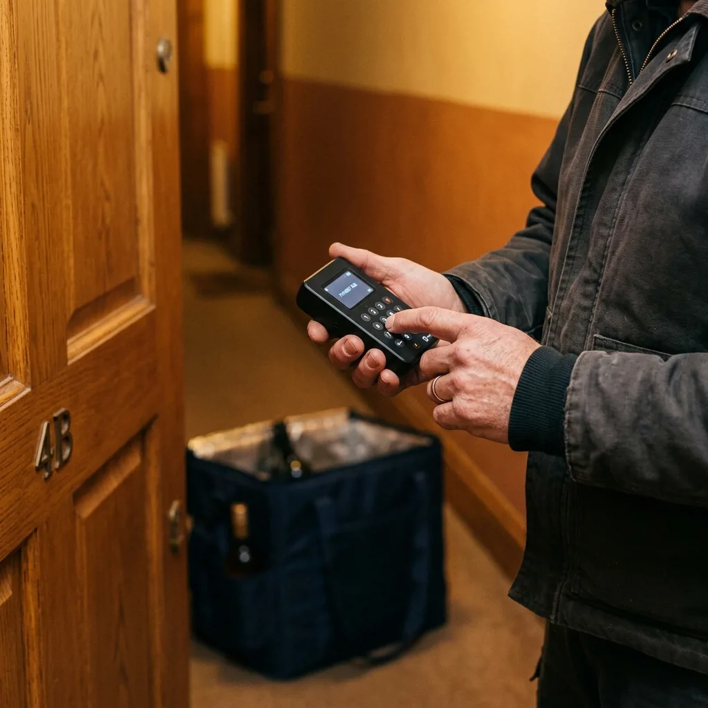 Курьер с POS-терминалом для оплаты картой при доставке алкоголя в Москве