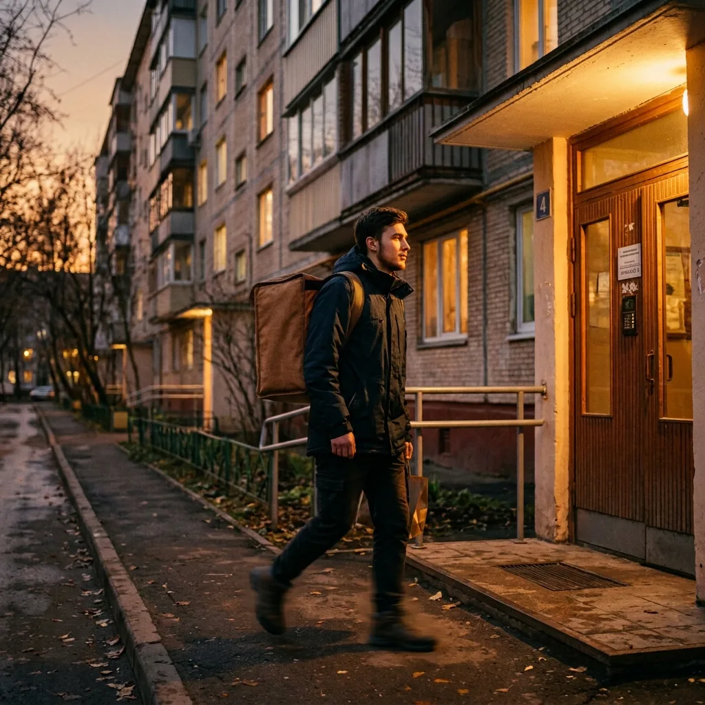 Курьер с термосумкой у подъезда