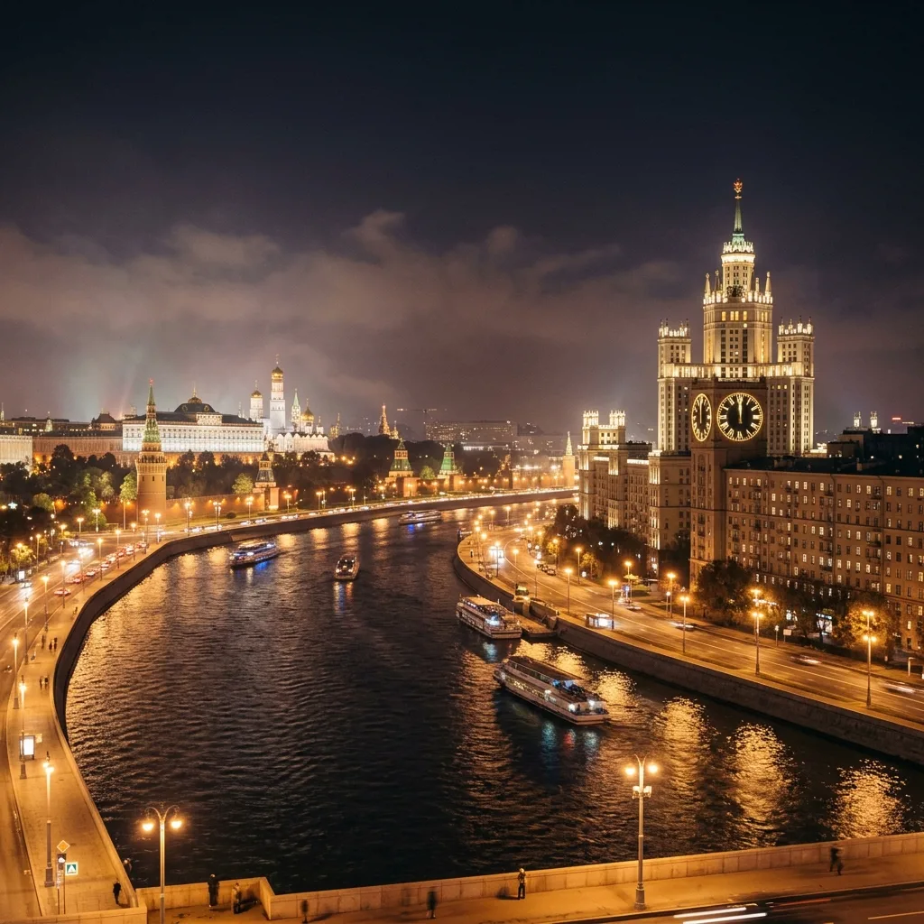 Ночная Москва, огни города, часы показывают полночь
