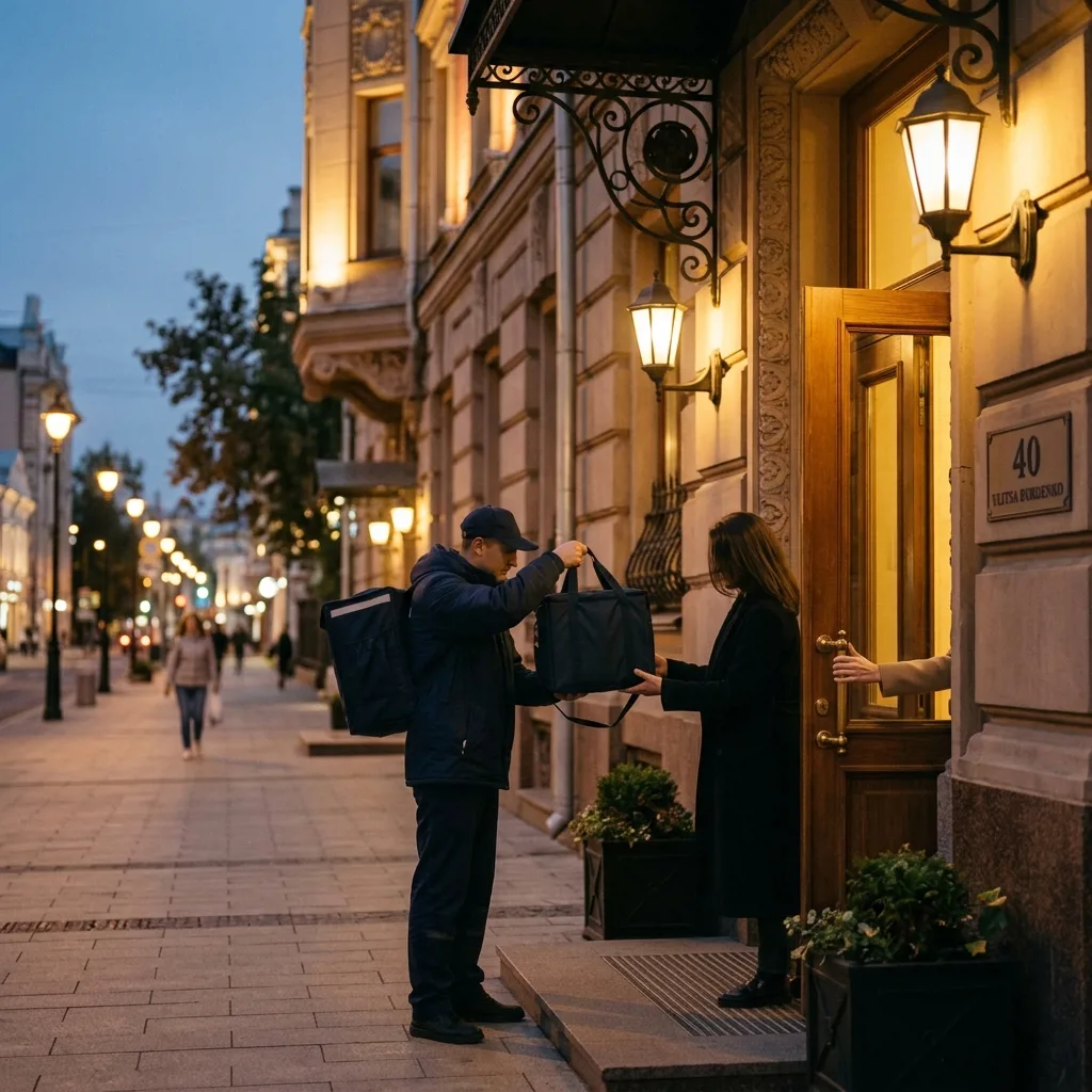 Курьер с пакетом у подъезда в Хамовниках