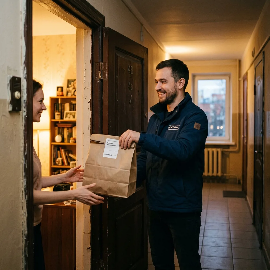 Курьер Алколюкс доставляет заказ клиенту в Москве