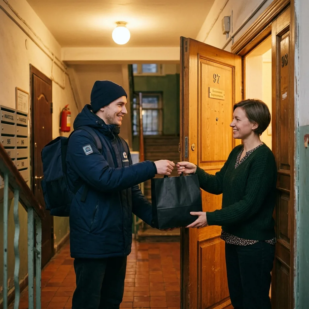 Курьер Алколюкс передаёт заказ клиенту в вечернем свете Москвы