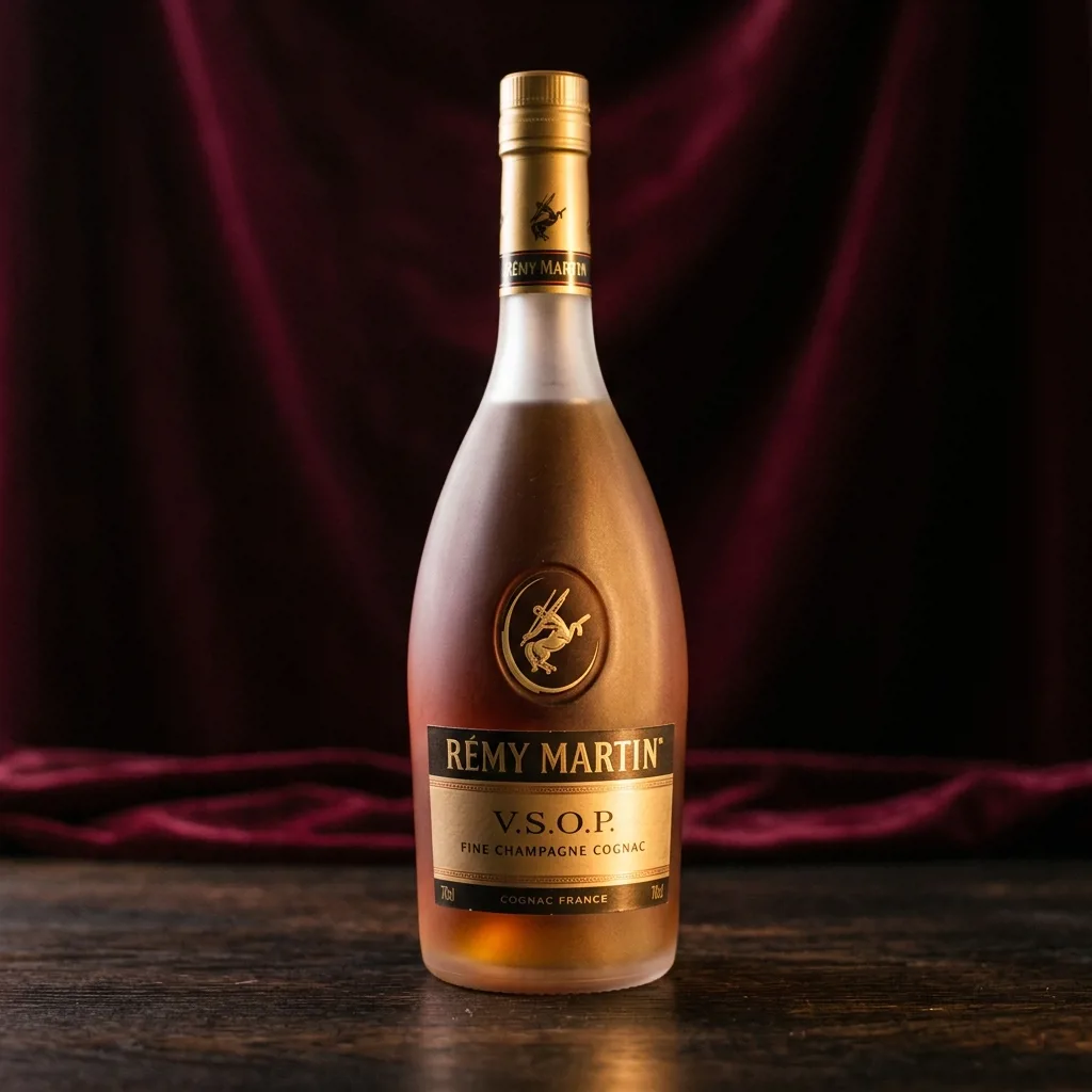 Бутылка Rémy Martin VSOP на тёмном фоне